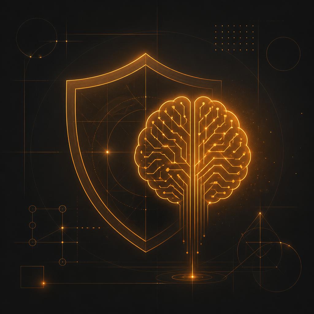 Abstract illustration of a shield beside a glowing circuit-pattern brain, representing responsible use of generative AI