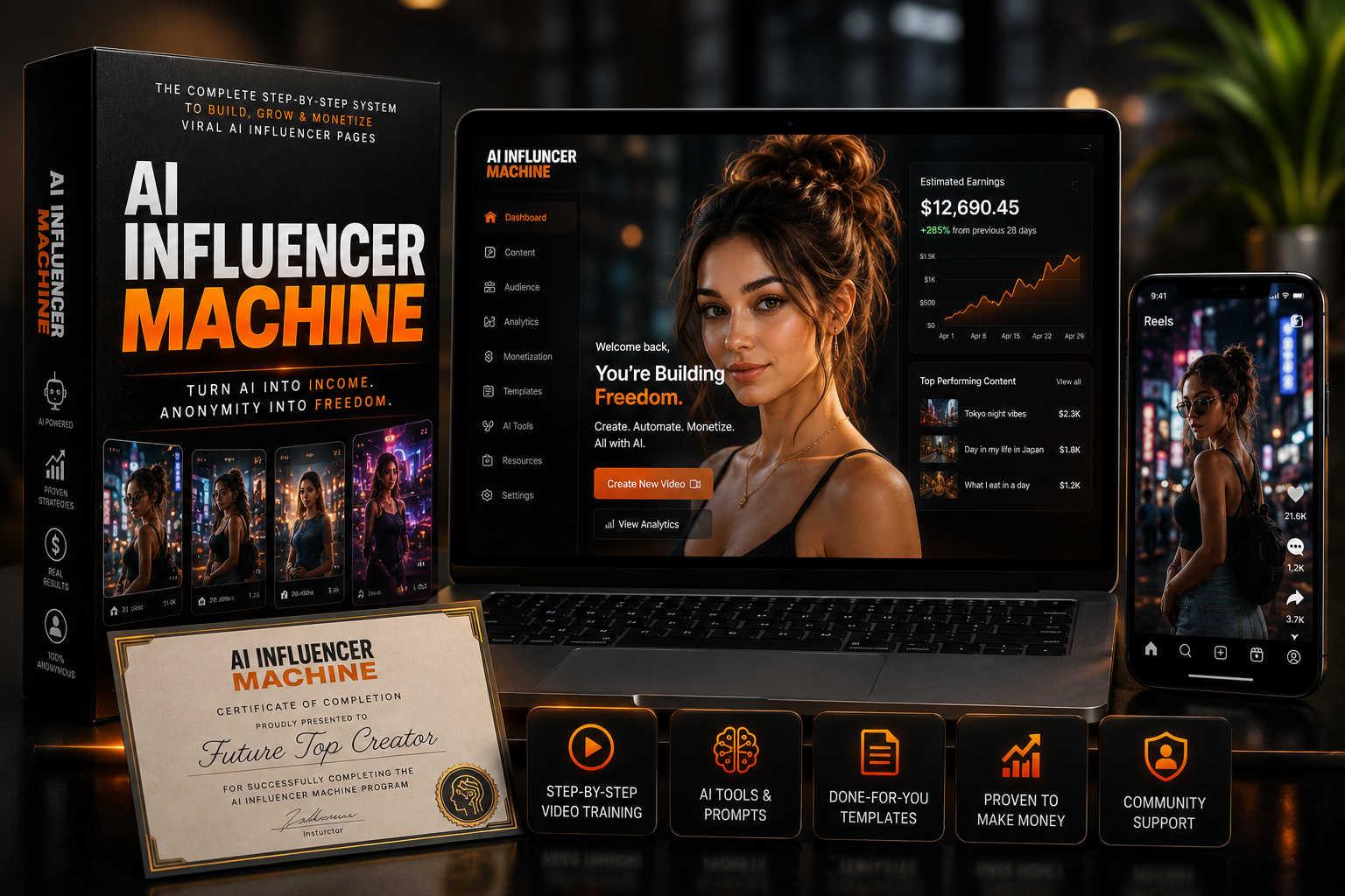 AI Influencer Machine product mockup — laptop, mobile, course box and certificate