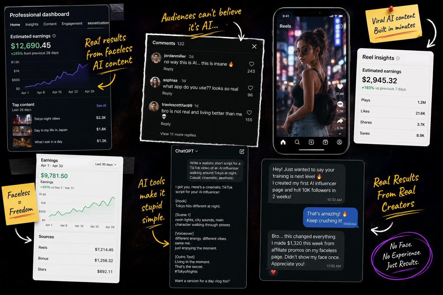 Real results from faceless AI creators — dashboards, viral comments, and monetization screenshots